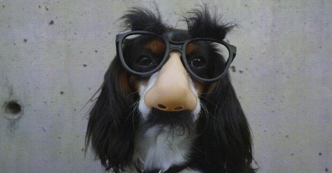 dog in groucho mask