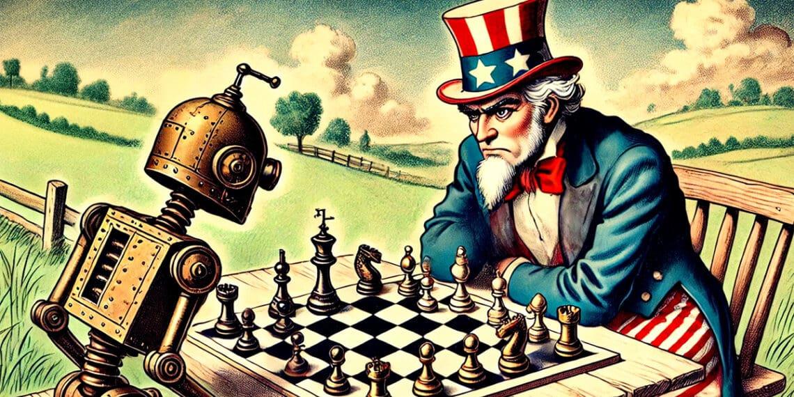 uncle sam playing chess with robot political cartoon