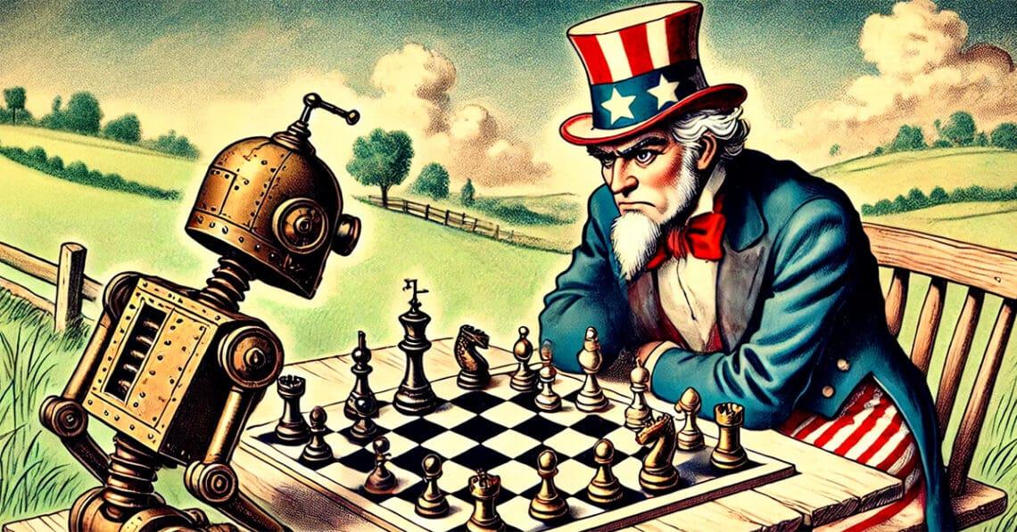 uncle sam playing chess with robot political cartoon