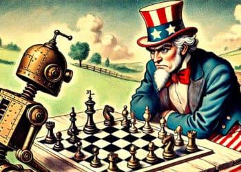 uncle sam playing chess with robot political cartoon