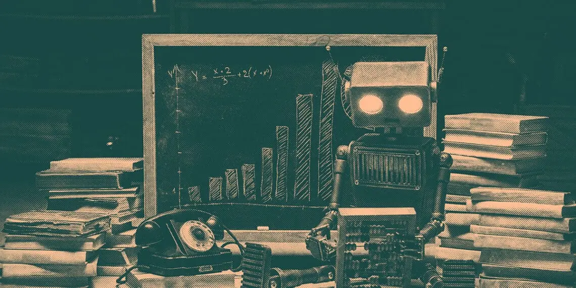 cute robot looking at financial volumes