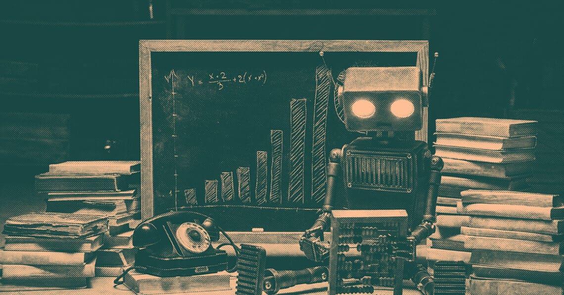 cute robot looking at financial volumes