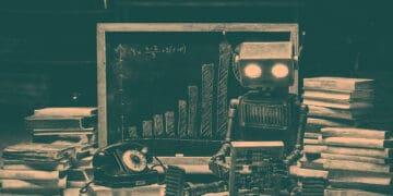 cute robot looking at financial volumes