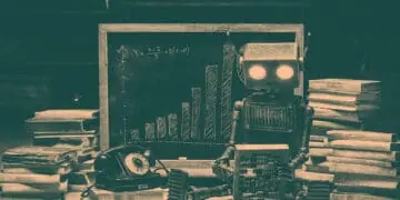 cute robot looking at financial volumes