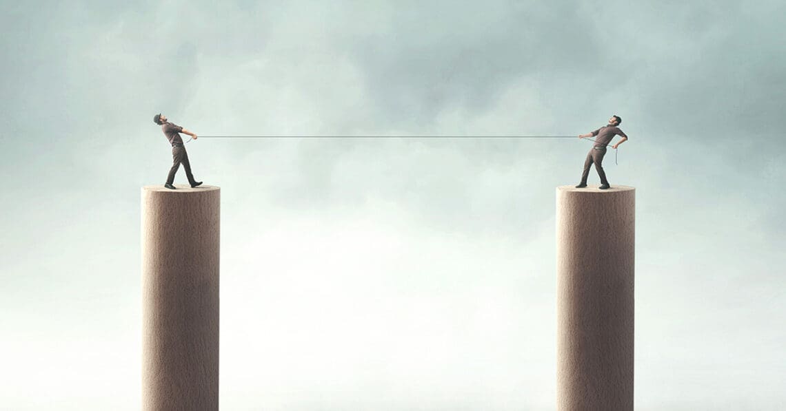 surrealist businessmen on platforms doing tug of war