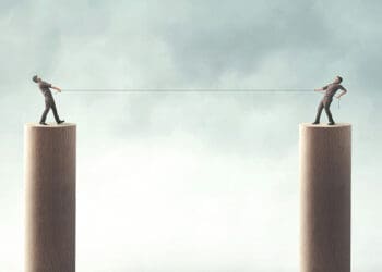 surrealist businessmen on platforms doing tug of war