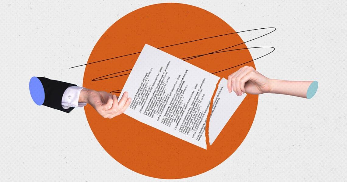 hands tearing contract digital art collage