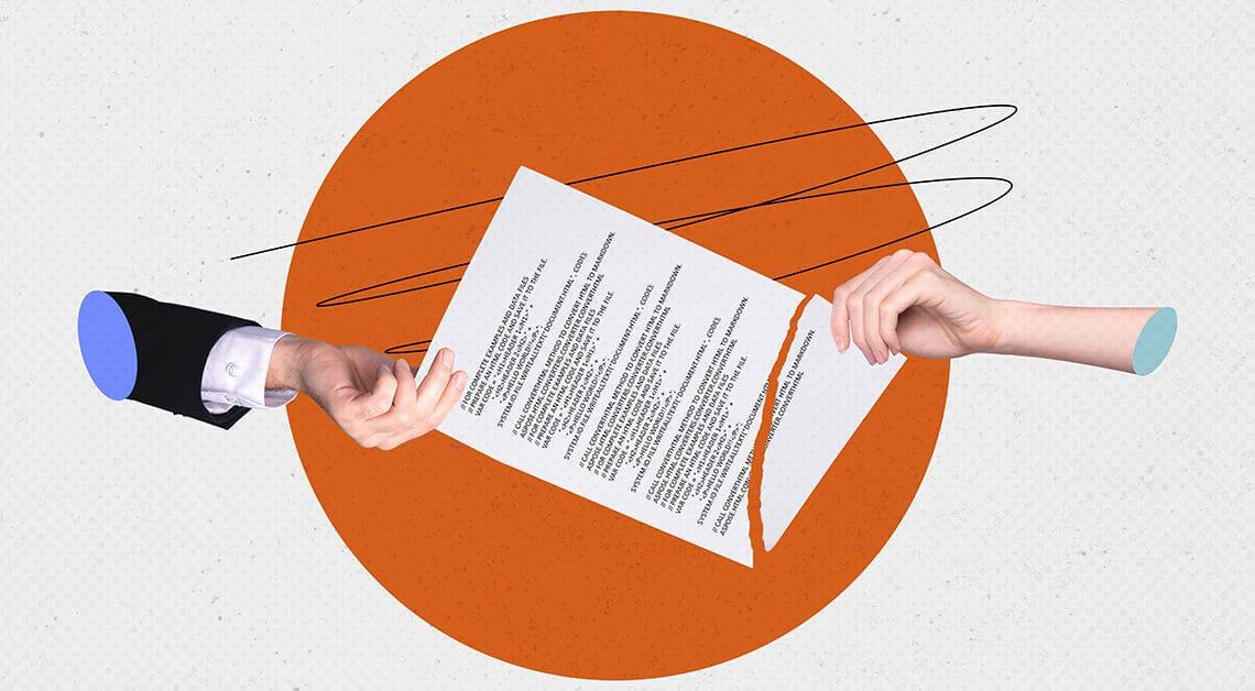 hands tearing contract digital art collage