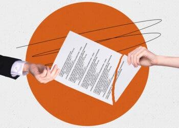 hands tearing contract digital art collage