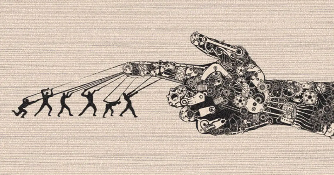 humans guiding machine at work