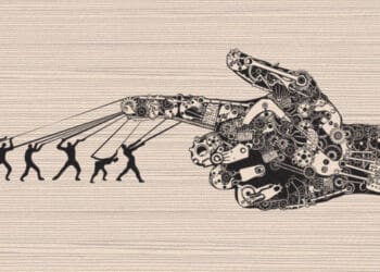 humans guiding machine at work