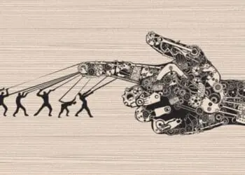 humans guiding machine at work