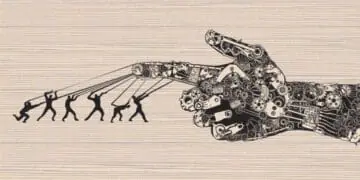 humans guiding machine at work