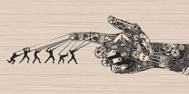 humans guiding machine at work