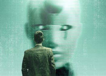 business person before robot on screen