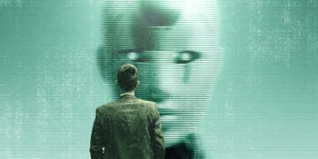 business person before robot on screen