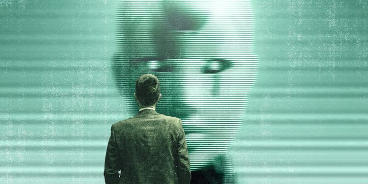 business person before robot on screen