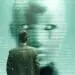 business person before robot on screen