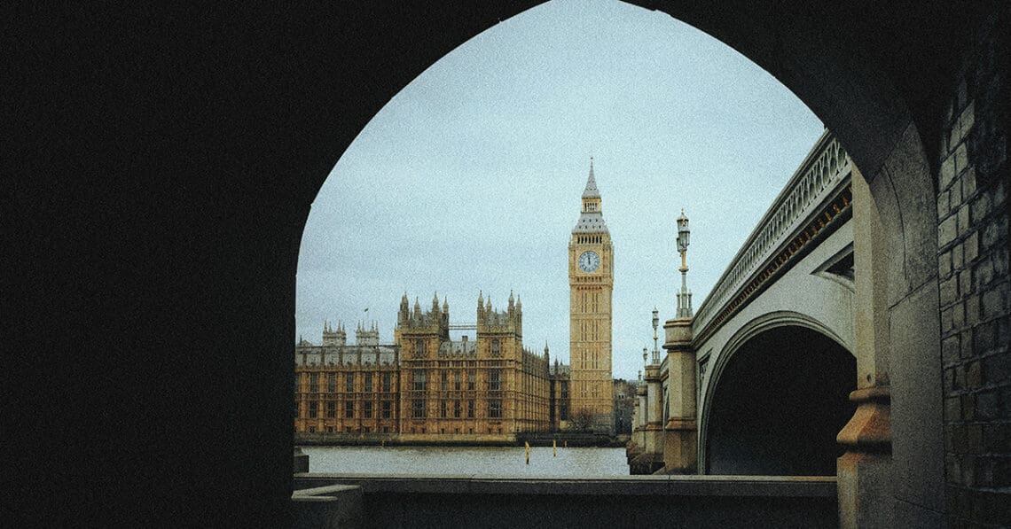 uk parliament seen from under bridge