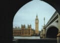 uk parliament seen from under bridge