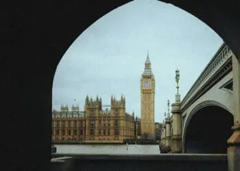 uk parliament seen from under bridge