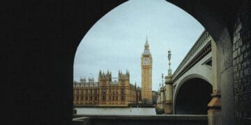 uk parliament seen from under bridge