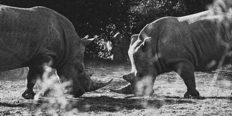 rhinos in brush