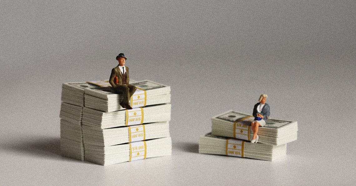 large bank small bank concept figurines and stacks of cash