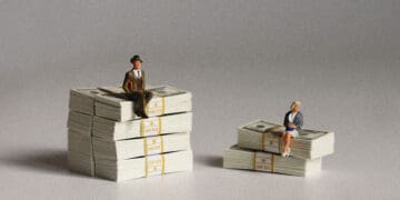 large bank small bank concept figurines and stacks of cash