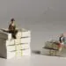 large bank small bank concept figurines and stacks of cash