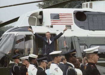 Richard Nixon Giving "V" Sign After Resignation