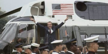 Richard Nixon Giving "V" Sign After Resignation
