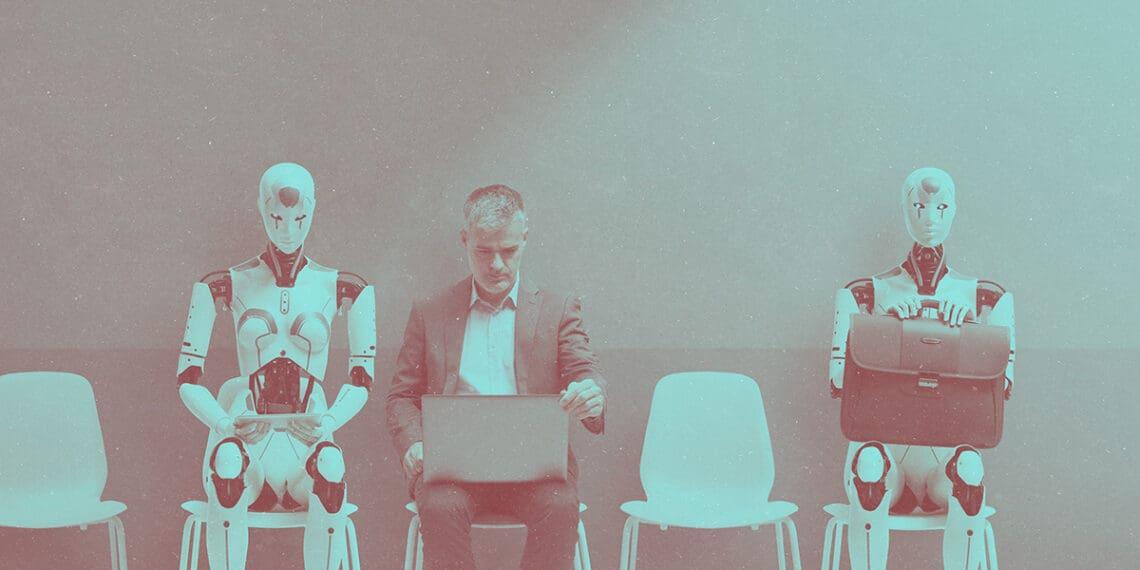 robots at job interview waiting with person