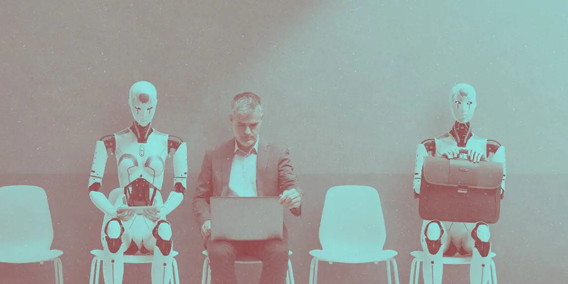 robots at job interview waiting with person