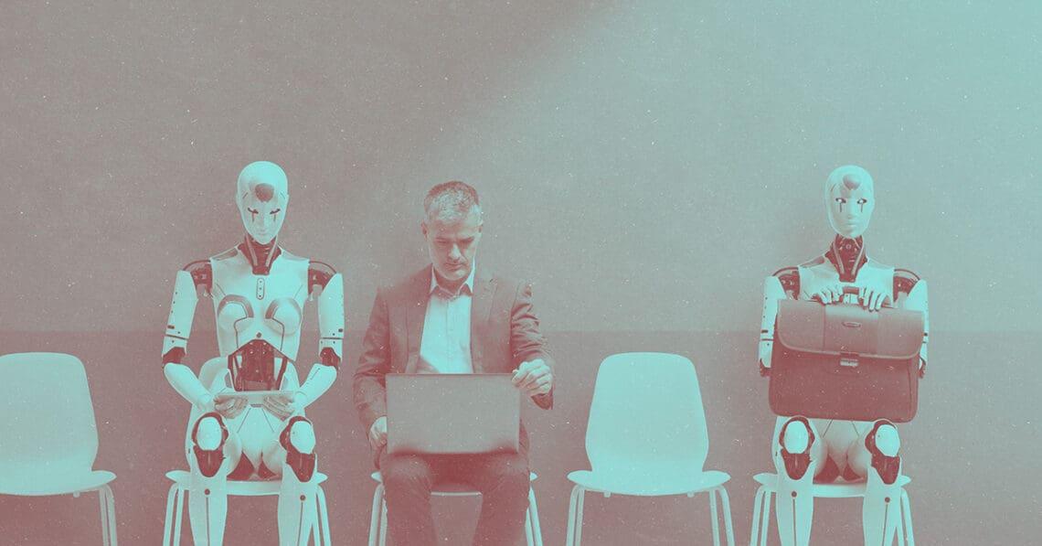 robots at job interview waiting with person