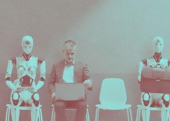 robots at job interview waiting with person