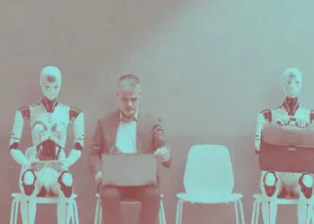 robots at job interview waiting with person