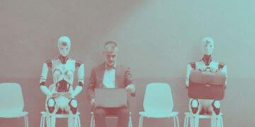 robots at job interview waiting with person