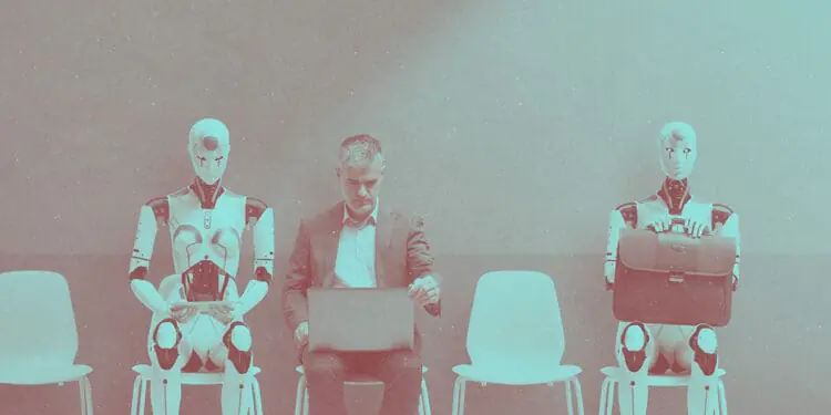 robots at job interview waiting with person
