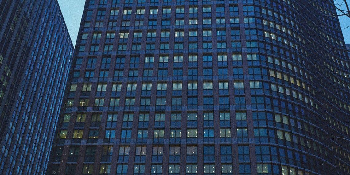 office building with lights on