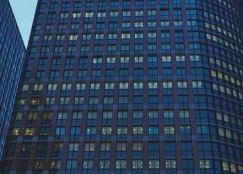 office building with lights on