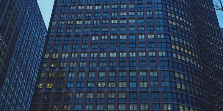 office building with lights on