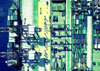 shipping containers in port aerial view