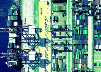shipping containers in port aerial view