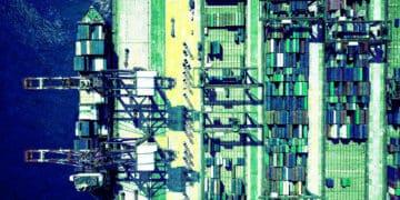 shipping containers in port aerial view