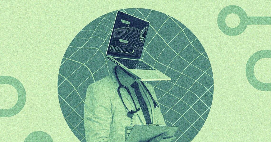 doctor with computer for head digital collage