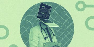 doctor with computer for head digital collage