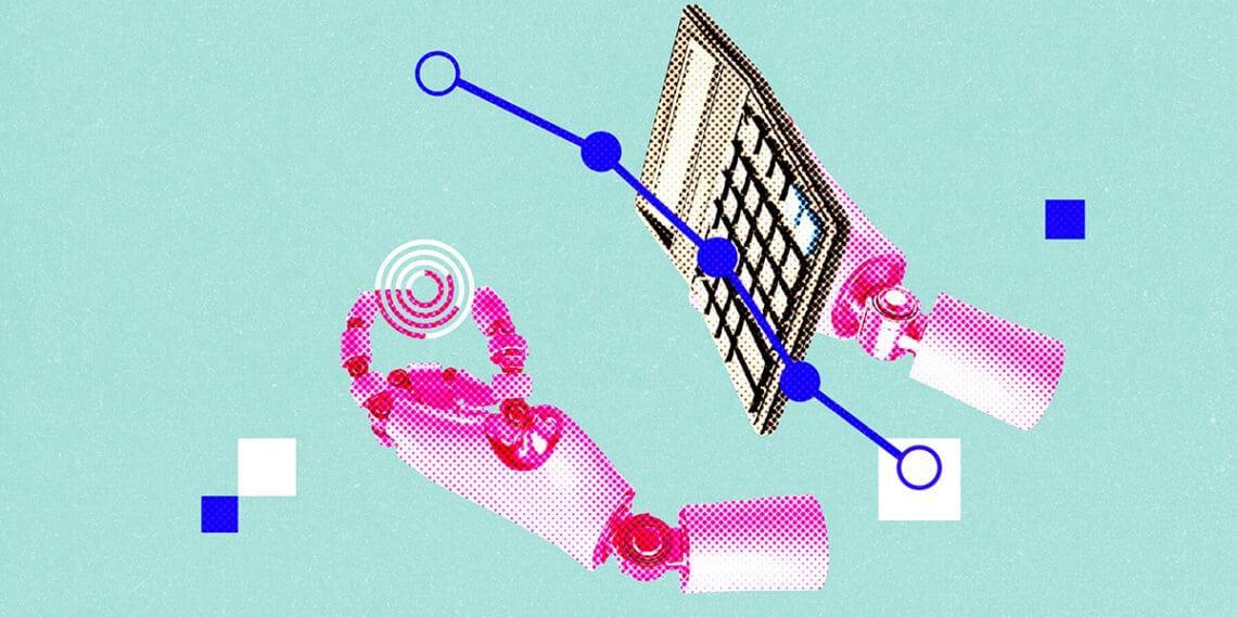 robot using calculator digital collage