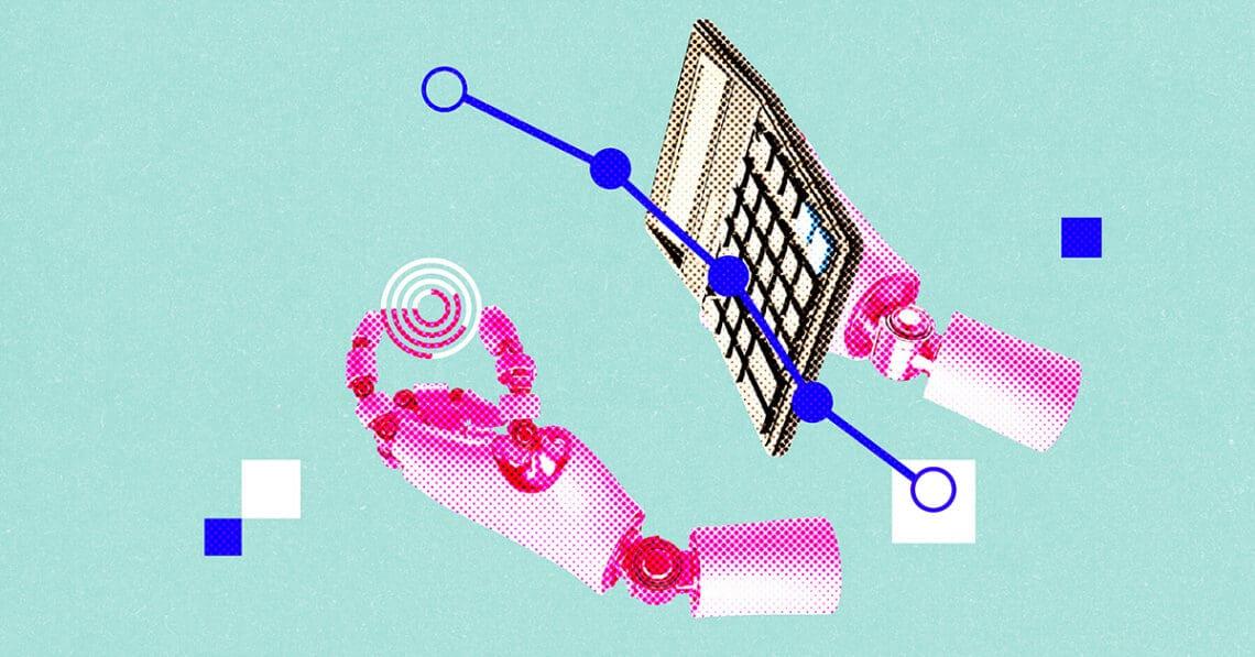 robot using calculator digital collage