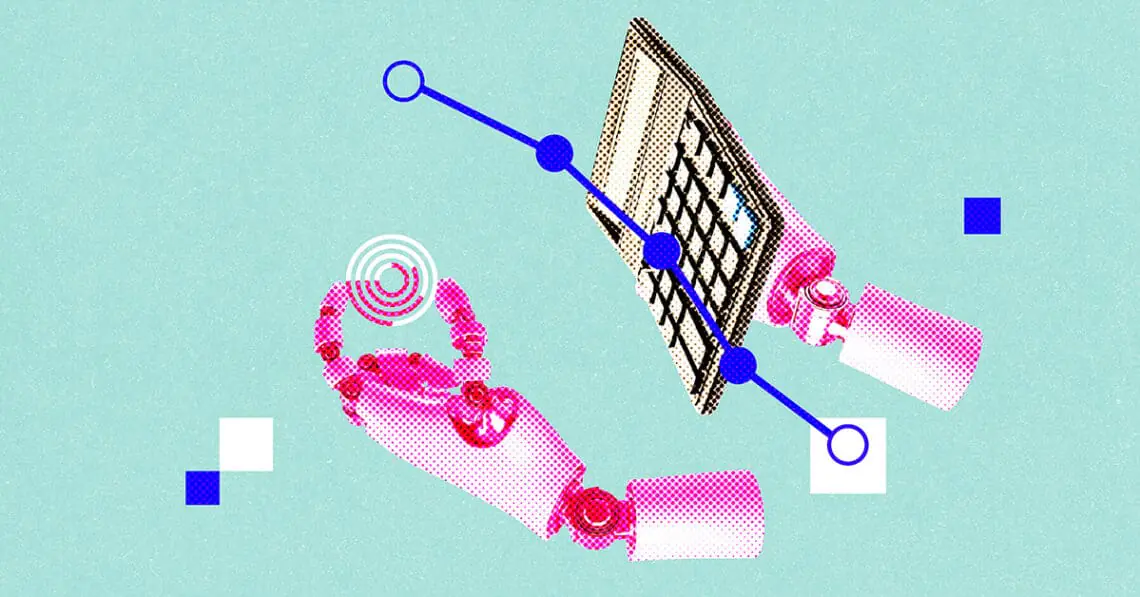 robot using calculator digital collage